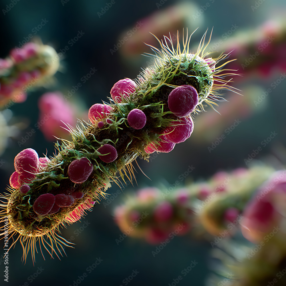 Poster realistic image of multiplying bacteria showcasing intricate details and vibrant colors, highlightin