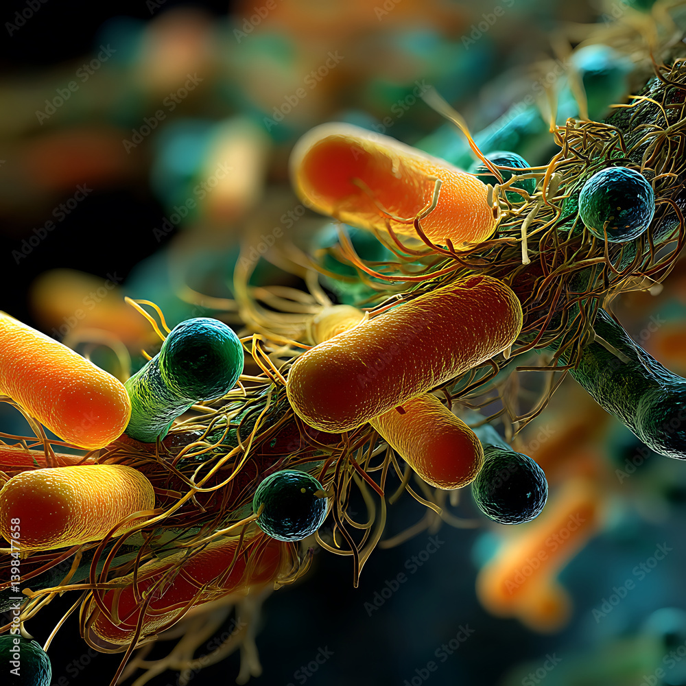 Poster realistic image of multiplying bacteria showcasing vibrant colors and intricate details, illustratin