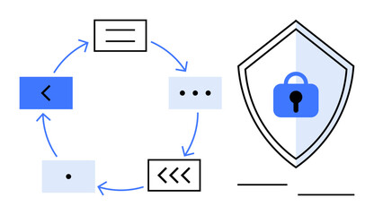 Circular process flow with icons and arrows, shield with a lock, black and blue color scheme. Ideal for data protection, cybersecurity, process management, workflow design, secure programming