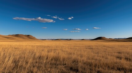 Fototapeta premium Open field of grass and hills under a bright blue sky