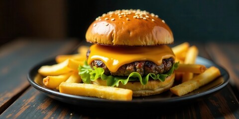 A Juicy Cheeseburger with Golden French Fries Served on a Dark Plate
