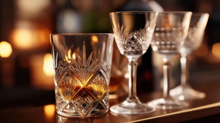 Two elegant glasses on a table at a lavish 1920s speakeasy bar perfectly representing classic cocktail culture