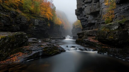 Fototapeta premium A canyon with a flowing river surrounded by fall foliage