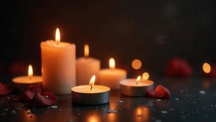 Illuminated Candles and Scattered Petals on Dark Surface A Serene and Reflective Still Life