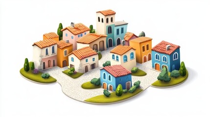 Colorful 3D illustration of a charming small town with whimsical houses and green landscapes.