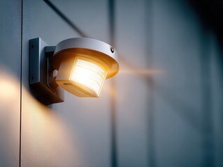 Close-up of a modern floodlight with motion sensor illuminating a wall in a contemporary setting at night