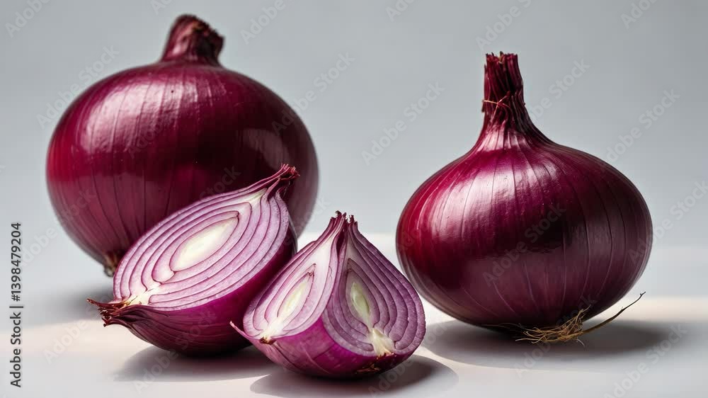 Poster whole and sliced red onion on a white background with full depth of field.