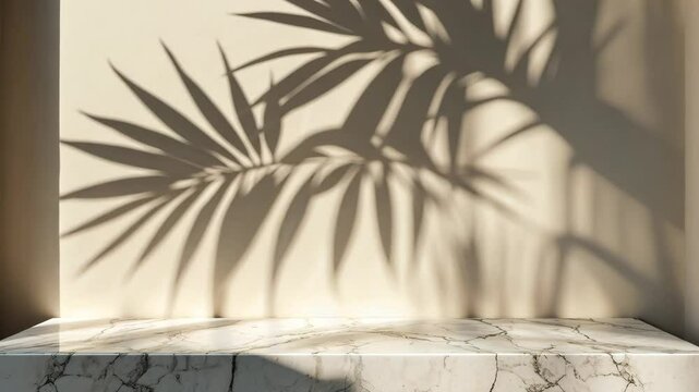 Silhouette of a tropical palm tree on a cream wall alongside an elegant marble table for product showcasing. Natural style background layout design. Abstract mockup for a summer light cosmetic