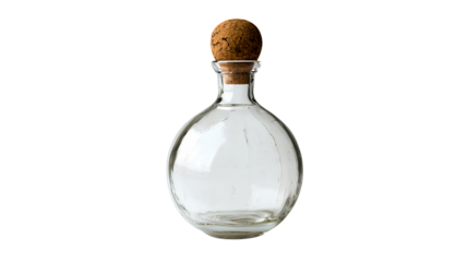 a clear glass bottle with a small cork on a transparent background, PNG image, PNG file, Generative art.