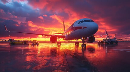 Naklejka premium Airplane at Sunset: A Breathtaking View of Air Travel