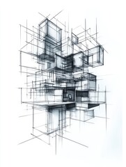 Fototapeta premium Abstract architectural sketch featuring intersecting geometric forms rendered in shades of gray on a white background.