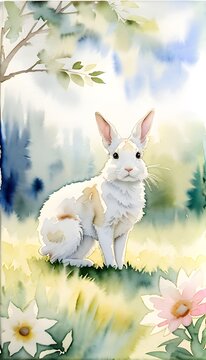 Cute white easter bunny in a field surrounded by flowers, watercolor style