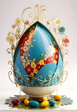 Stone, glass or ceramic eggs that have been decorated with varying materials. Faberge Eggs that have been decorated.