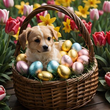 A cute tan and white puppy sitting in a basket of metallic colored eggs surrounded by red, pink and yellow flowers.