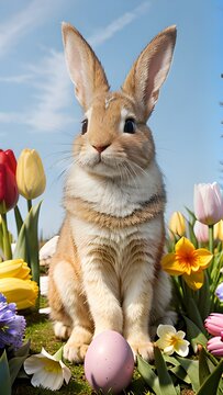 Tan and white bunny with flowers surrounding him.