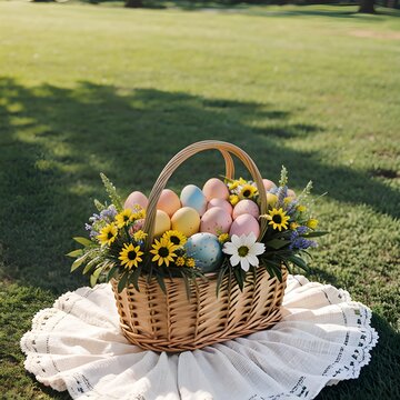 A lightly colored woven basket with various colored easter eggs and flowers. The basket is sitting on a small blanket and the blanket is sitting in a lush green field.