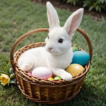 A cute white bunny that is sitting in a brown weaved basket with a handle. The bunny is surrounded by colored easter eggs.