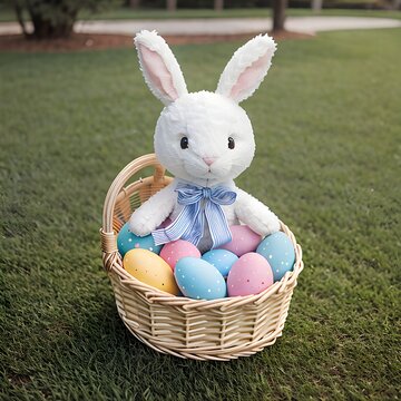 A stuffed bunny sitting in a lightly colored woven basket, surrounded by colored easter eggs.