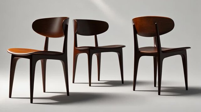 A set of three dark brown wooden chairs viewed from different angles on a white background.