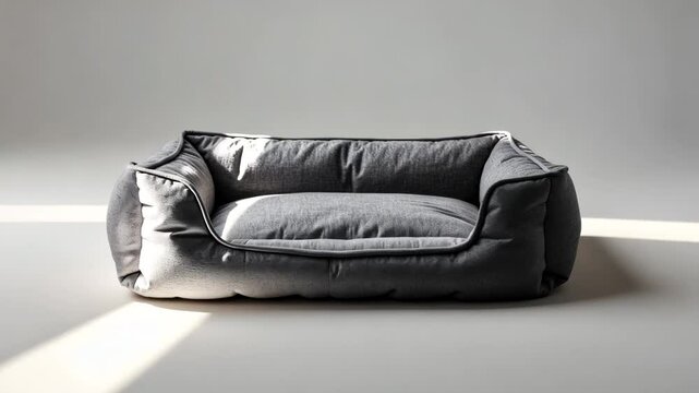 Bird's-eye view of a gray dog bed with a background setting. Pet supplies.