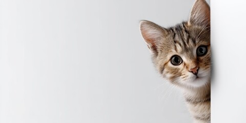 Adorable kitten playfully peeking out from behind a wall against a bright white background in soft natural light