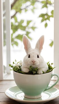 A small white bunny sitting in a clay pot surrounded by small white flowers.