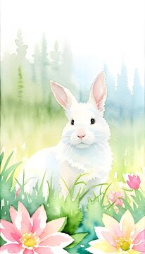 Cute white easter bunny in a field surrounded by flowers, watercolor style
