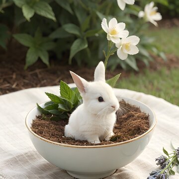 A small white bunny sitting in a clay pot surrounded by lilies.