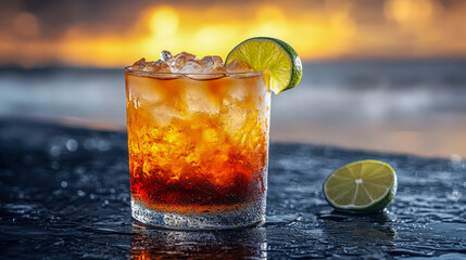 Crafted dark n stormy cocktail served over ice with lime garnish at a beachside setting during sunset