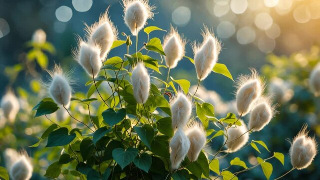 Virgins bower plant, a variety of clematis, during its seed phase. Illuminated from behind.