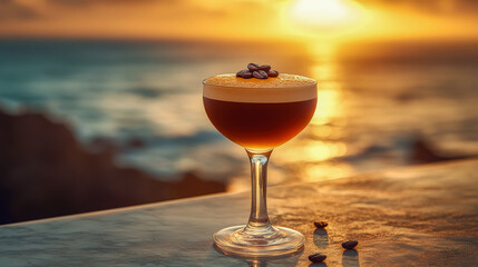 Elegant espresso martini against a stunning sunset backdrop over the ocean