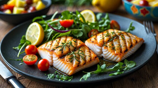 Overhead close-up of portions of freshly grilled fish served with a colorful salad and lemon slices.