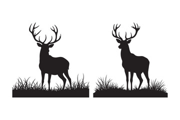Silhouette of Standing Deer with Antlers in Grass Vector Illustration