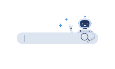 Chatbot character with search bar. AI help and support with information, seo, question. Artificial intelligence support, service concept. Vector 3d illustration.