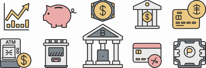 Simplified finance and banking icon set – Perfect for fintech presentations, online banking platforms, or economic education.