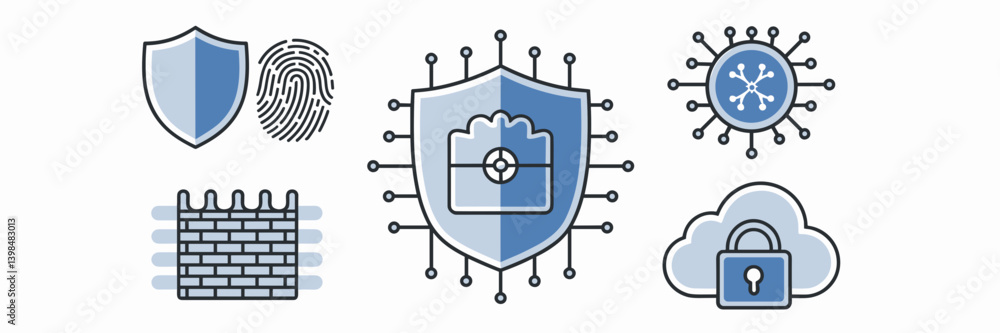 Poster vector icon set of cybersecurity and data protection concepts