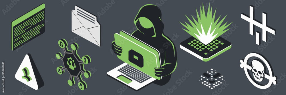 Poster isometric icons of hacker activity and dark web crimes – suitable for digital forensics tools, secur