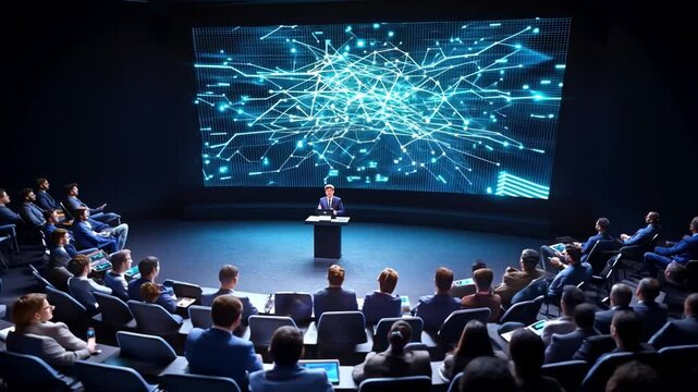 Inspiring Speech in Conference: A speaker delivers a captivating presentation within a modern conference hall, the focus of a seated audience, illuminated by a vibrant visual on a large screen.