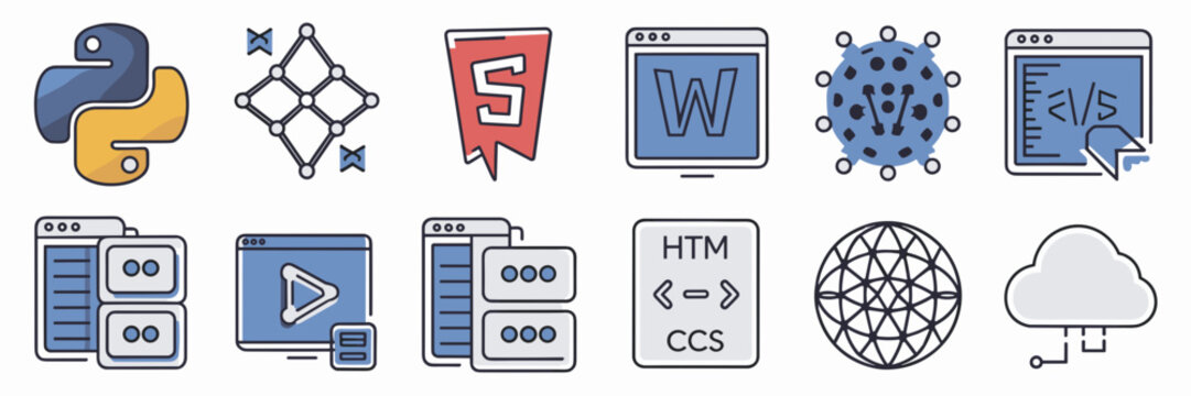 Vector tech icon set with Python, HTML, cloud, and database &ndash; Perfect for programming tutorials, software branding, or IT service apps