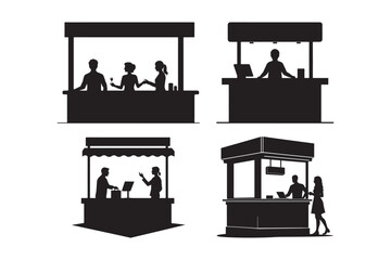 Silhouette Vector Set of Market and Food Stalls with People Interactions