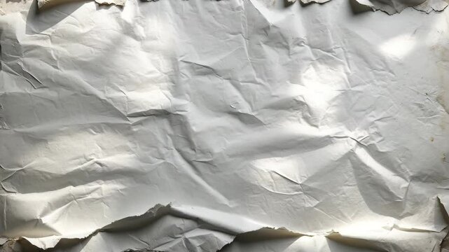 Aged white paper with tears and rips, showcasing a blank, crumpled, and creased texture, providing a grunge-style background for posters and placards.