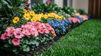 Fototapeta premium Vibrant Spring Flowerbed Bordering Lush Green Lawn