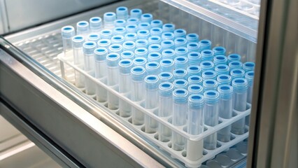 Naklejka premium A clear view of numerous test tubes with blue caps arranged neatly inside a laboratory storage unit, showcasing an organized scientific environment.