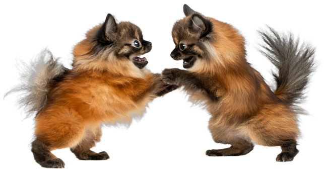 a couple of brown cats and a brown dog standing on their hind legs on a transparent background, PNG image, PNG file, Generative art.
