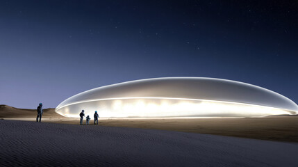 UFO hovering above desert landscape with silhouetted figures beneath, background