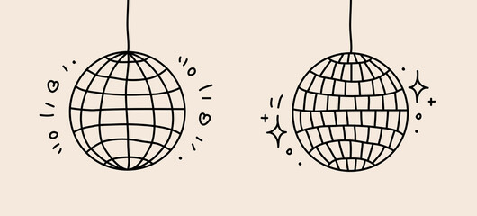 Set of two disco balls on light background, outline, doodle style, simple hand drawn illustration, drawing, flat style