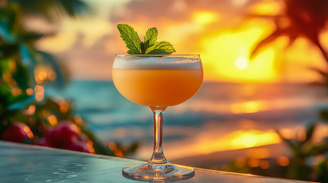 Sunset cocktail with mint garnish in an old Cuban festive style setting by the ocean