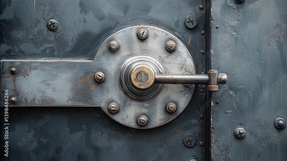 Poster close-up of a secure vault door lock mechanism showcasing intricate details and metallic finish. con