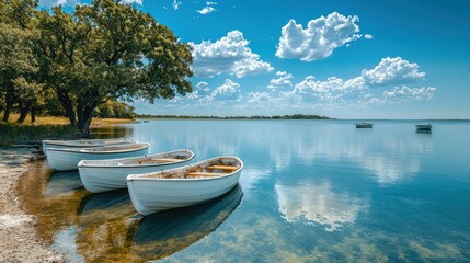 Obraz premium Serene Lakeside Serenity: Boats Anchored by Tranquil Waters