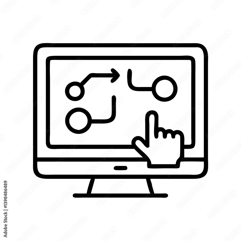 Poster online strategy planning on computer screen with hand pointing at flowchart diagram design